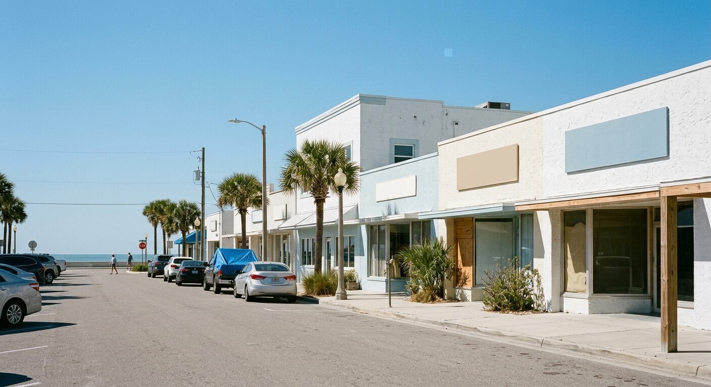 A beach-town main street with pastel stucco storefronts and palms