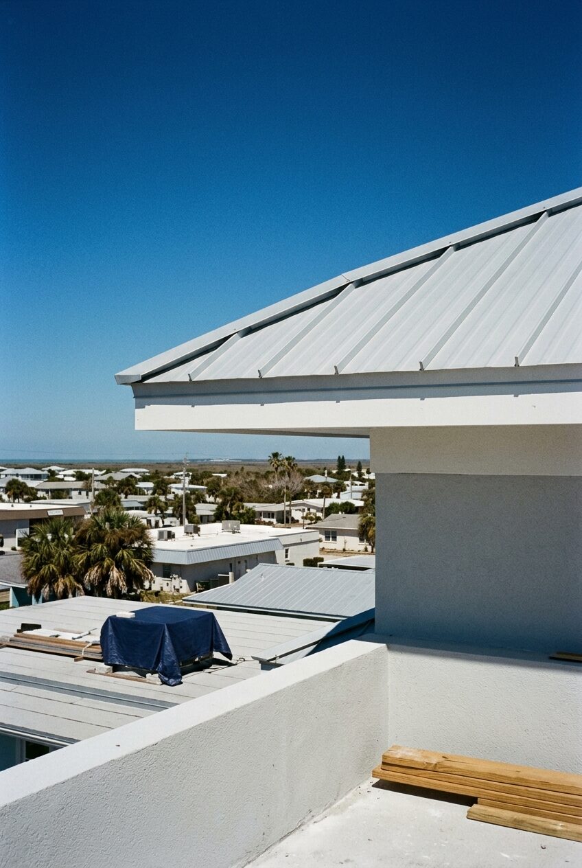 A standing-seam metal roof ridge against blue sky