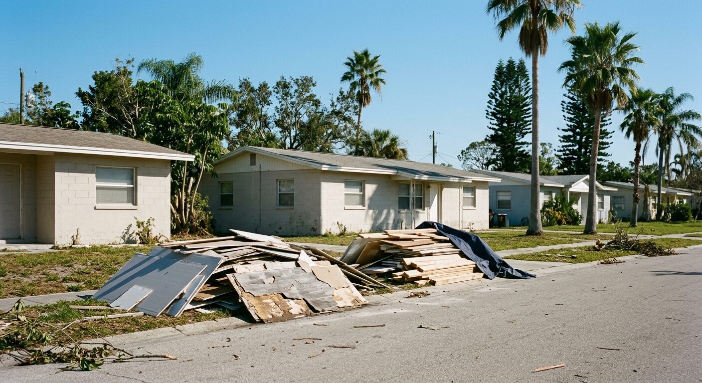 A Florida bungalow street after a hurricane, debris stacked at the curb