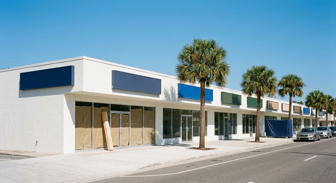A low stucco commercial strip on a Gulf Coast boulevard
