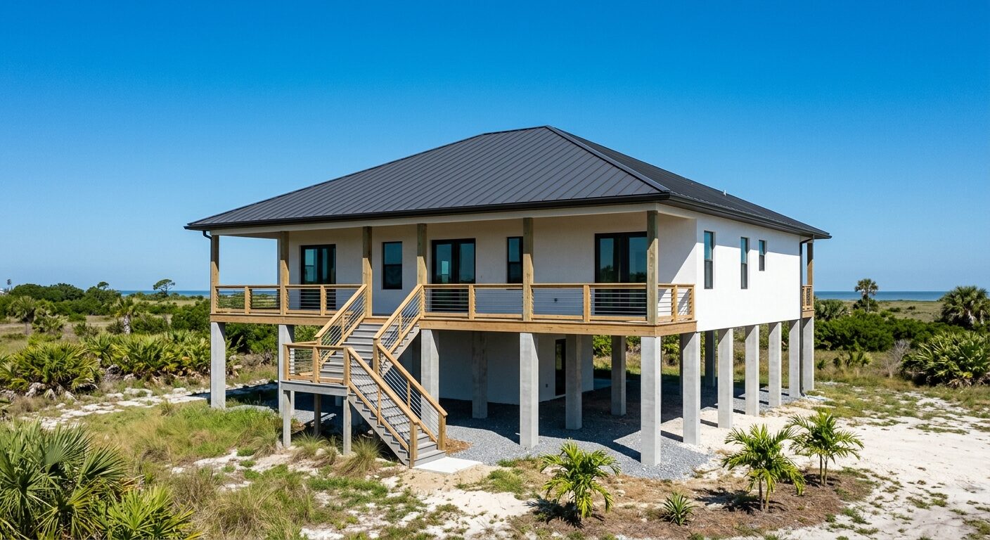 A newly built raised white-stucco home on pilings with a standing-seam roof