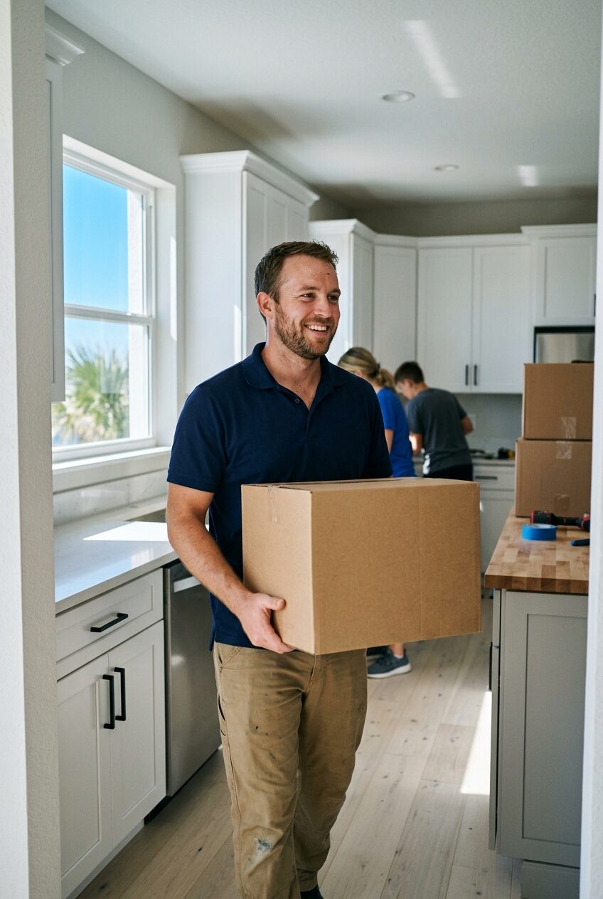 A man carrying a moving box into a bright renovated kitchen