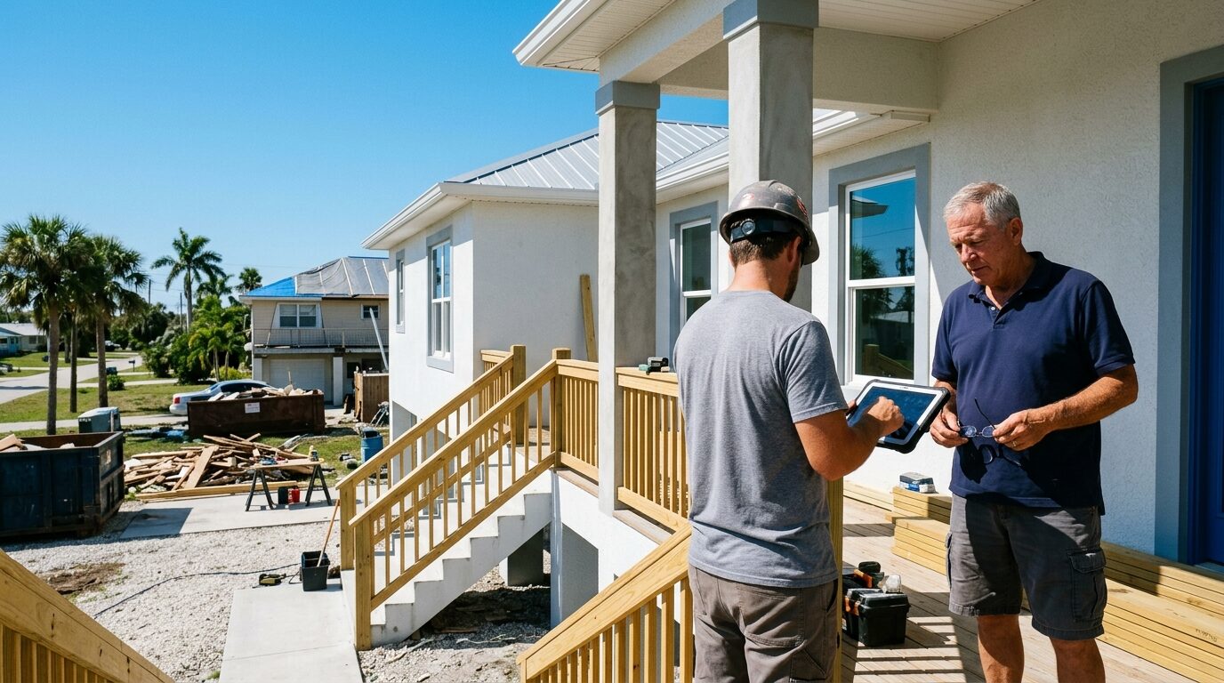 A homeowner on a storm-recovery porch looking at a contractor’s tablet