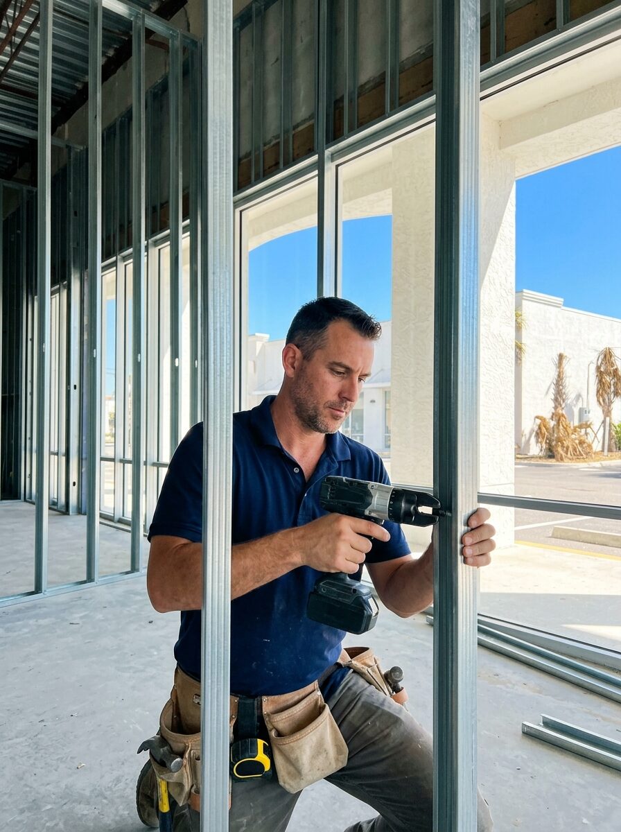 A worker framing metal studs in an empty commercial space