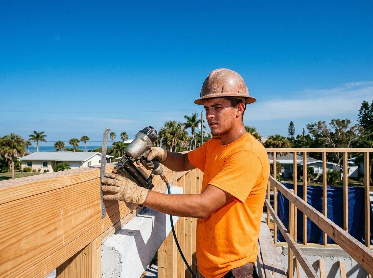 A framer nailing the top plate of a second-story wall