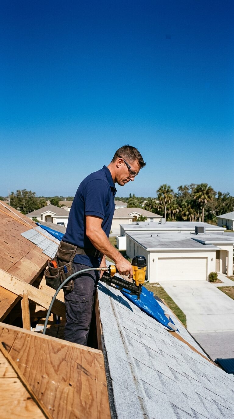A roofer driving nails on a shingle roof
