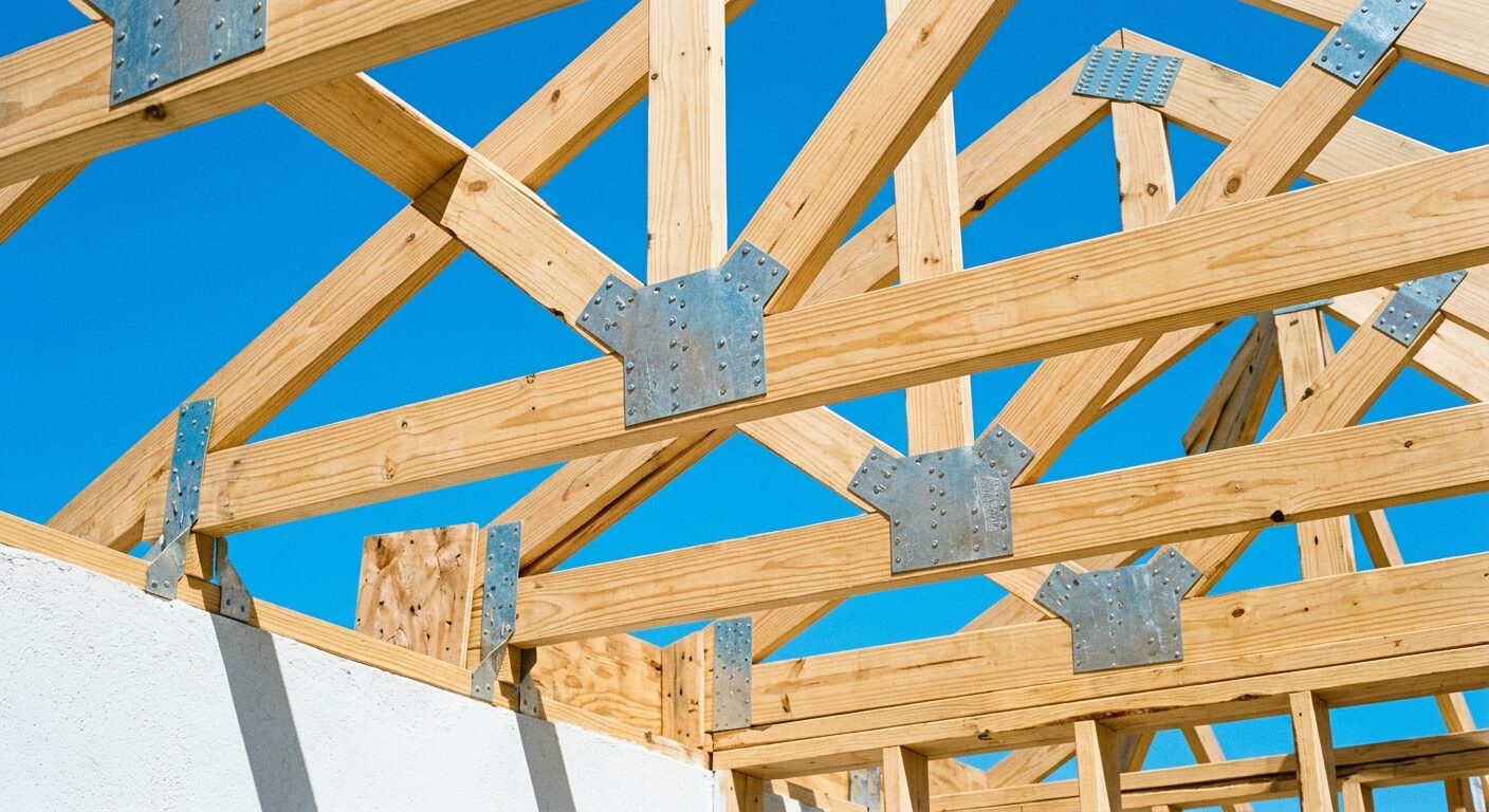 Galvanized hurricane straps nailed over new roof trusses