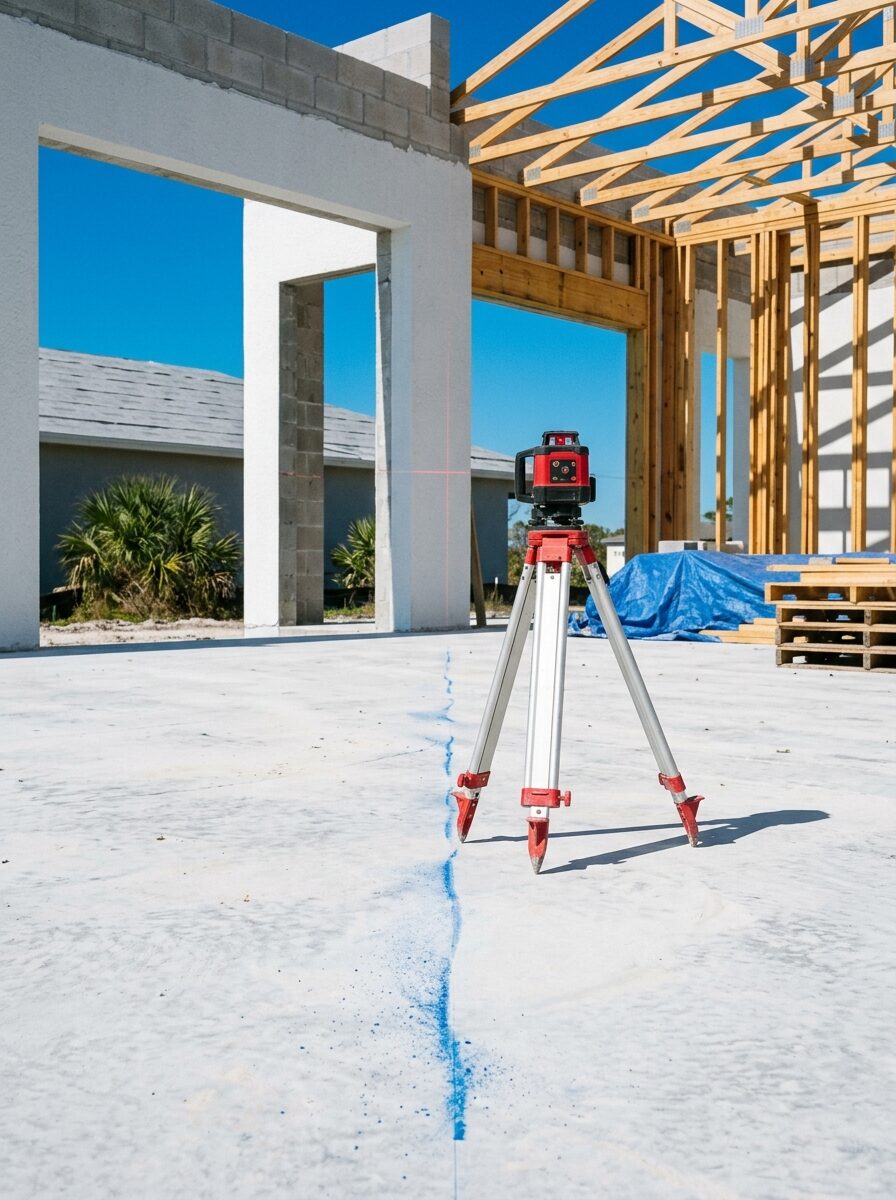 A laser level and chalk line on a fresh slab in an empty commercial shell