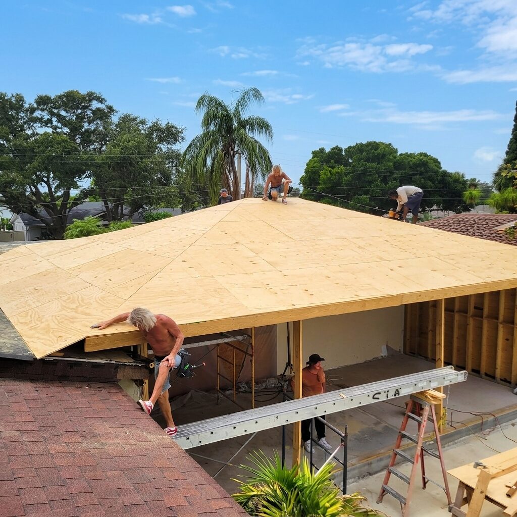 The Reliant crew sheathing the roof deck of a new home addition beside a pool, with palms behind